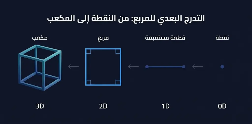 تسلسل بصري علمي يُظهر الانتقال من النقطة إلى الخط إلى المربع ثم إلى المكعب ثلاثي الأبعاد
