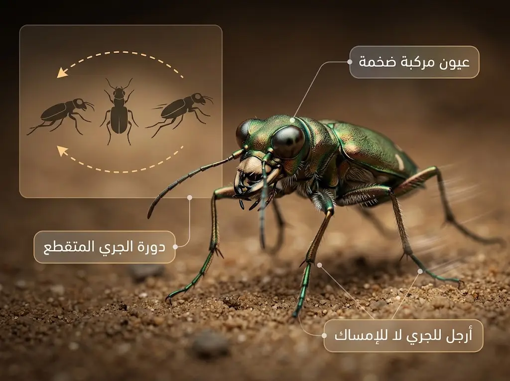 رسم علمي دقيق لخنفساء النمر يوضح تشريح العيون المركبة وآلية الركض المتقطع الناتج عن العمى البصري المؤقت أثناء الجري