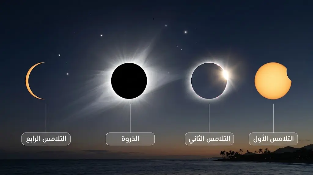 تسلسل بصري لمراحل كسوف الشمس الكلي الأربع من التلامس الأول إلى الرابع