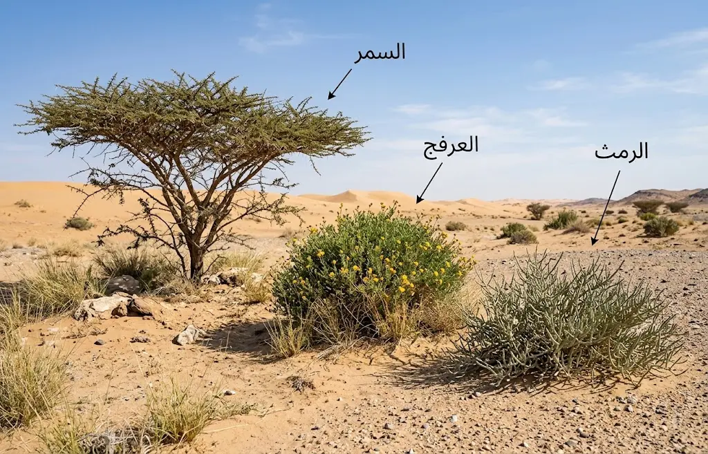 صورة واقعية تجمع بين شجيرات الرمث والعرفج والسمر في بيئة صحراوية حصوية ورملية لتوضيح الفروق الشكلية بينها.