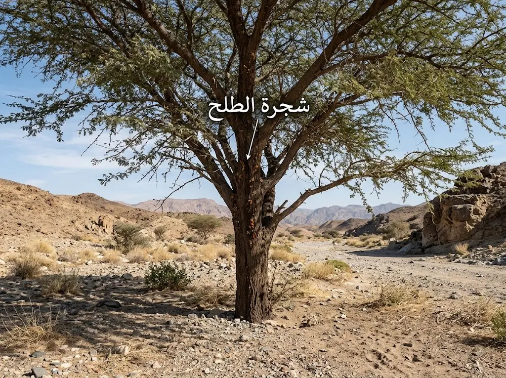 صورة واقعية لشجرة الطلح في وادٍ جاف مع تاج واضح وظل طبيعي على الأرض