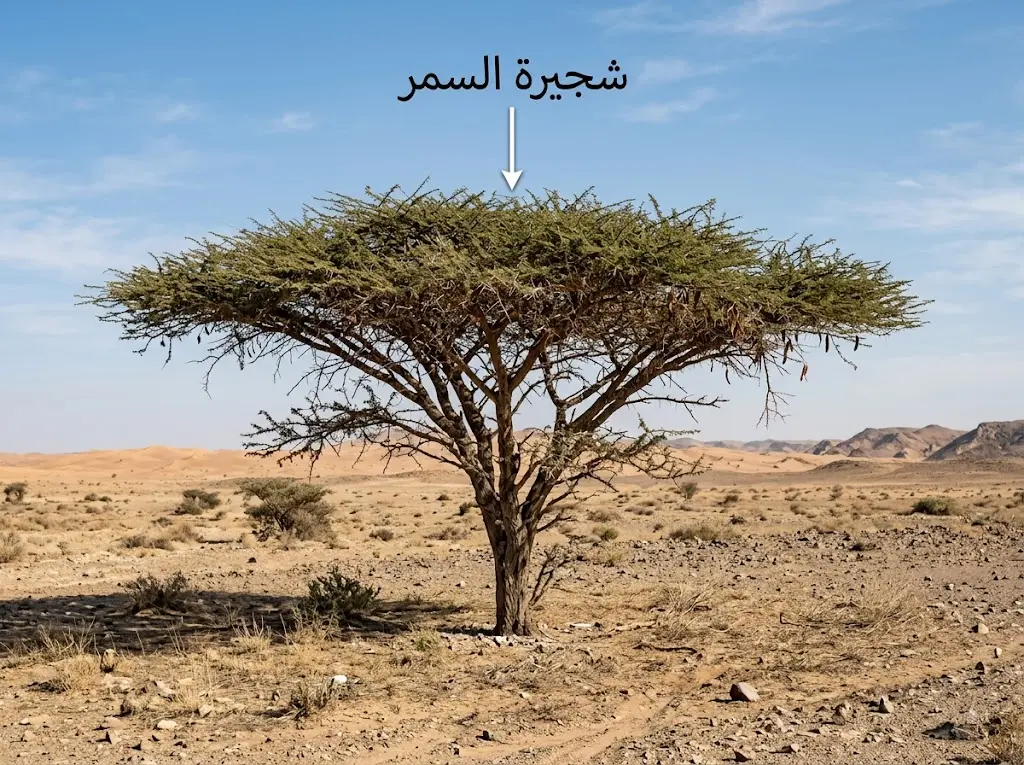 صورة واقعية لشجيرة أو شجرة السمر ذات التاج المظلي في بيئة صحراوية مفتوحة