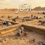 موقع تنقيب أثري في الصحراء من المنظر الجوي يُظهر مربعات الحفر المنتظمة والطبقات الأثرية المكشوفة.
