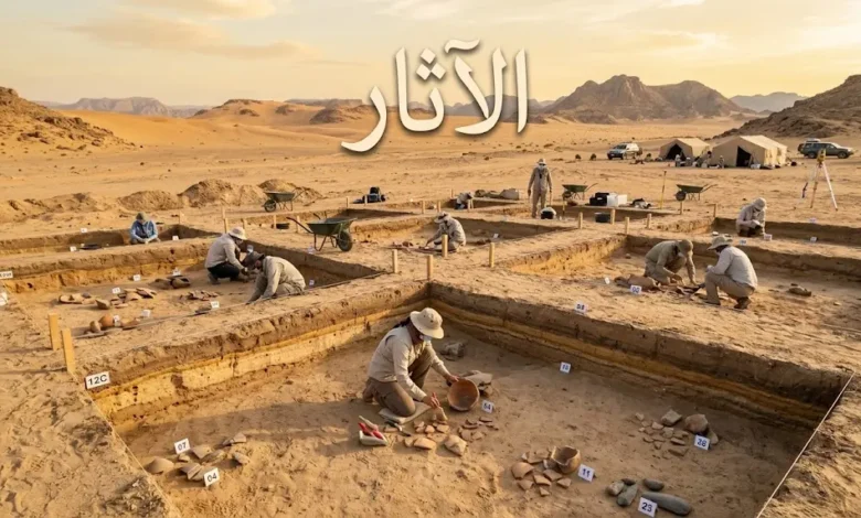 موقع تنقيب أثري في الصحراء من المنظر الجوي يُظهر مربعات الحفر المنتظمة والطبقات الأثرية المكشوفة.