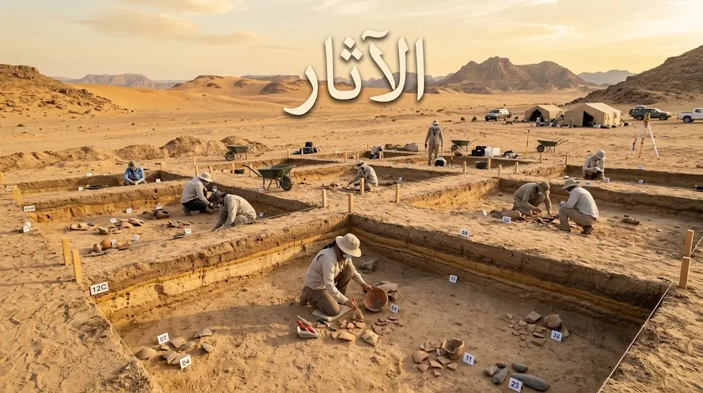 موقع تنقيب أثري في الصحراء من المنظر الجوي يُظهر مربعات الحفر المنتظمة والطبقات الأثرية المكشوفة.