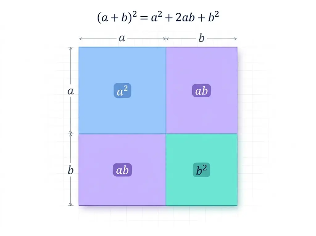 رسم توضيحي هندسي يوضح متطابقة مربع المجموع (a + b)² عبر تقسيم مربع كبير إلى أربعة أجزاء مساحية a² و ab و b²