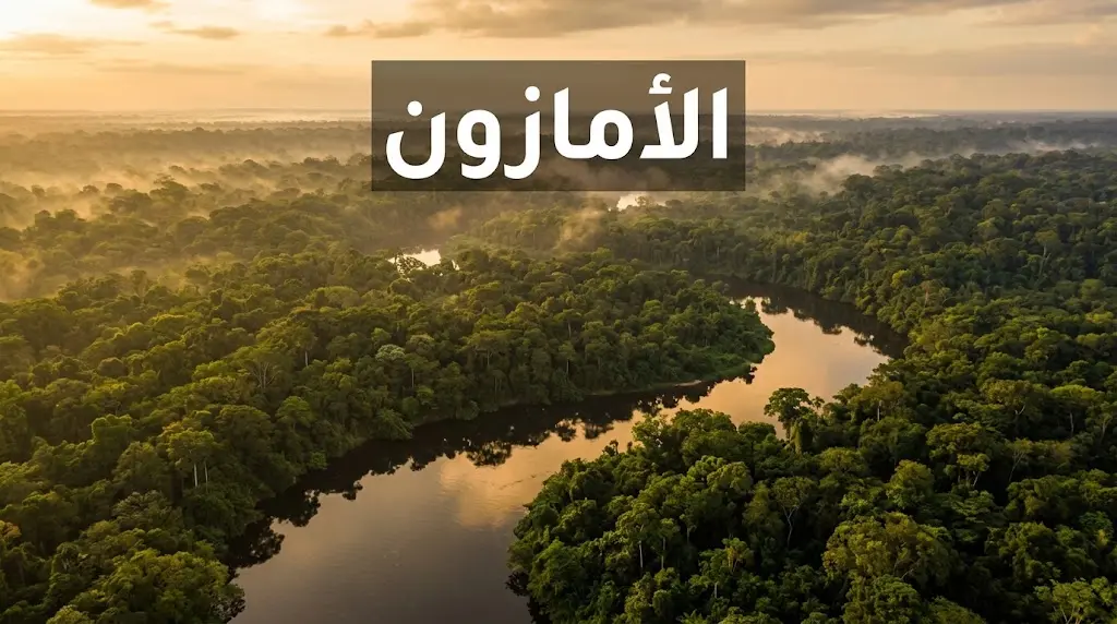 منظر جوي فوتوغرافي لغابات الأمازون المطرية الاستوائية مع نهر يشق الغابة تحت ضوء الفجر