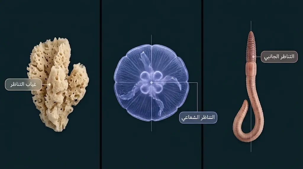 رسم توضيحي علمي يقارن بين ثلاثة أنواع من التناظر الجسدي في الحيوانات: غياب التناظر والتناظر الشعاعي والتناظر الجانبي