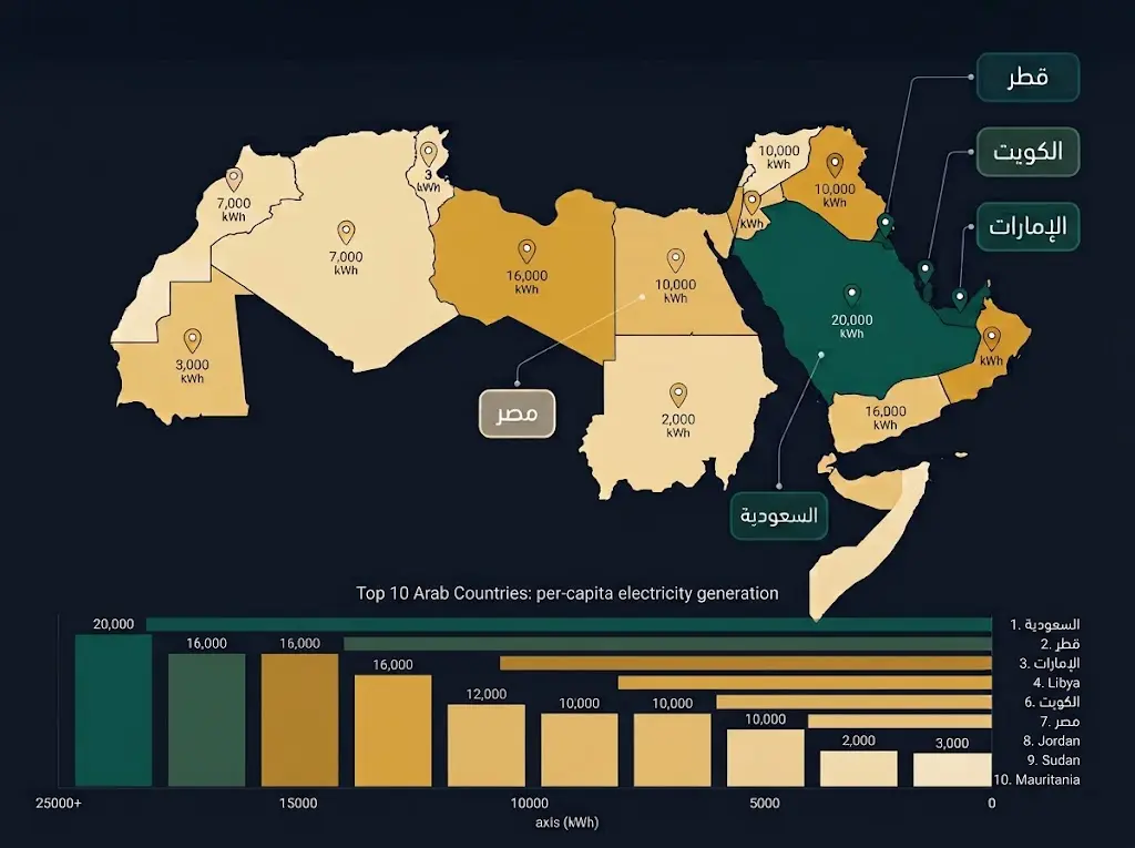 خريطة الوطن العربي مرمزة بالألوان حسب إنتاج الكهرباء للفرد مع رسم بياني مقارن للدول التسع