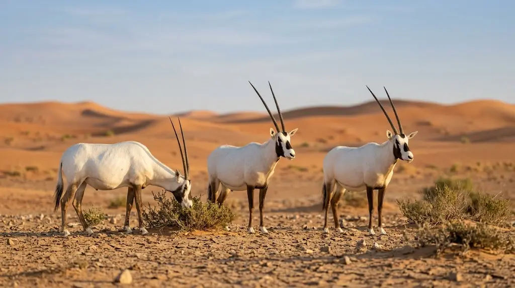 مجموعة من المها العربي في بيئتها الصحراوية الطبيعية بالجزيرة العربية في ضوء ذهبي طبيعي