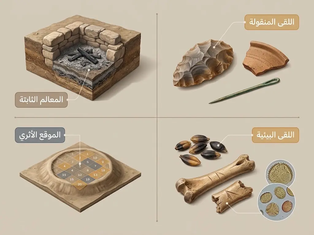رسم توضيحي علمي يُصنّف المكونات الأربعة للسجل الأثري: اللقى المنقولة والمعالم الثابتة واللقى البيئية والموقع.