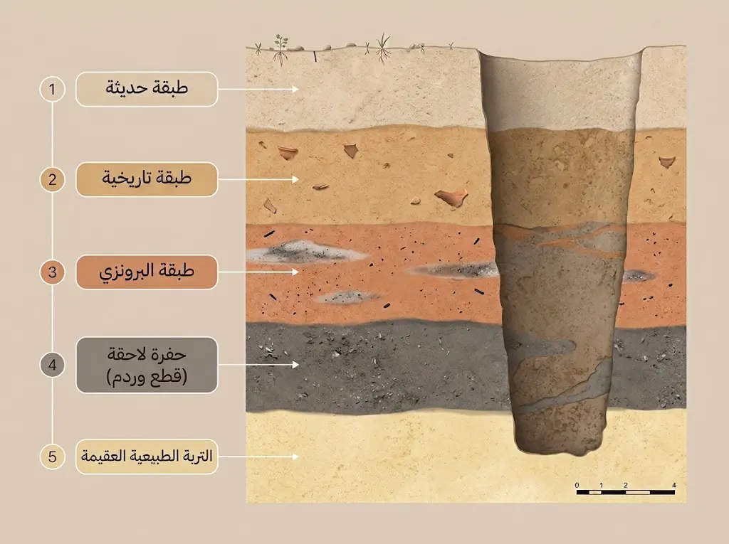 مقطع رأسي توضيحي للطبقات الأثرية يُظهر قانون التتابع من الأحدث في الأعلى إلى الأقدم في الأسفل مع إظهار أثر حفرة لاحقة تقطع الطبقات الأقدم.