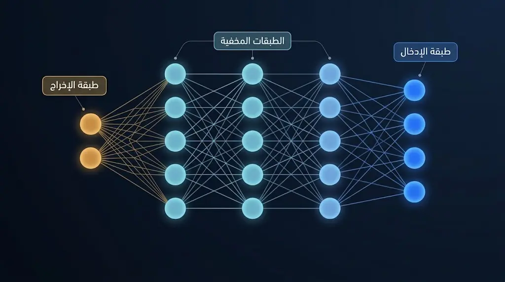 رسم ثلاثي الأبعاد واقعي لبنية شبكة عصبية اصطناعية متعددة الطبقات تتدفق من اليمين إلى اليسار مع تسميات عربية لكل طبقة