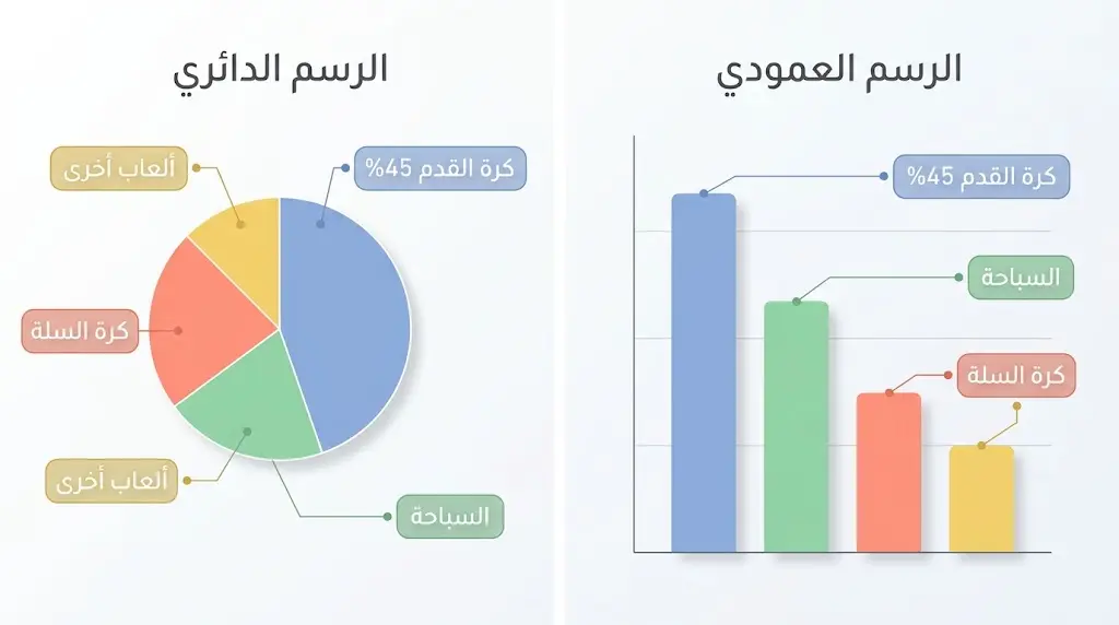 «الرسم العمودي» — «الرسم الدائري» — «كرة القدم 45%» — «السباحة» — «كرة السلة» — «ألعاب أخرى»
