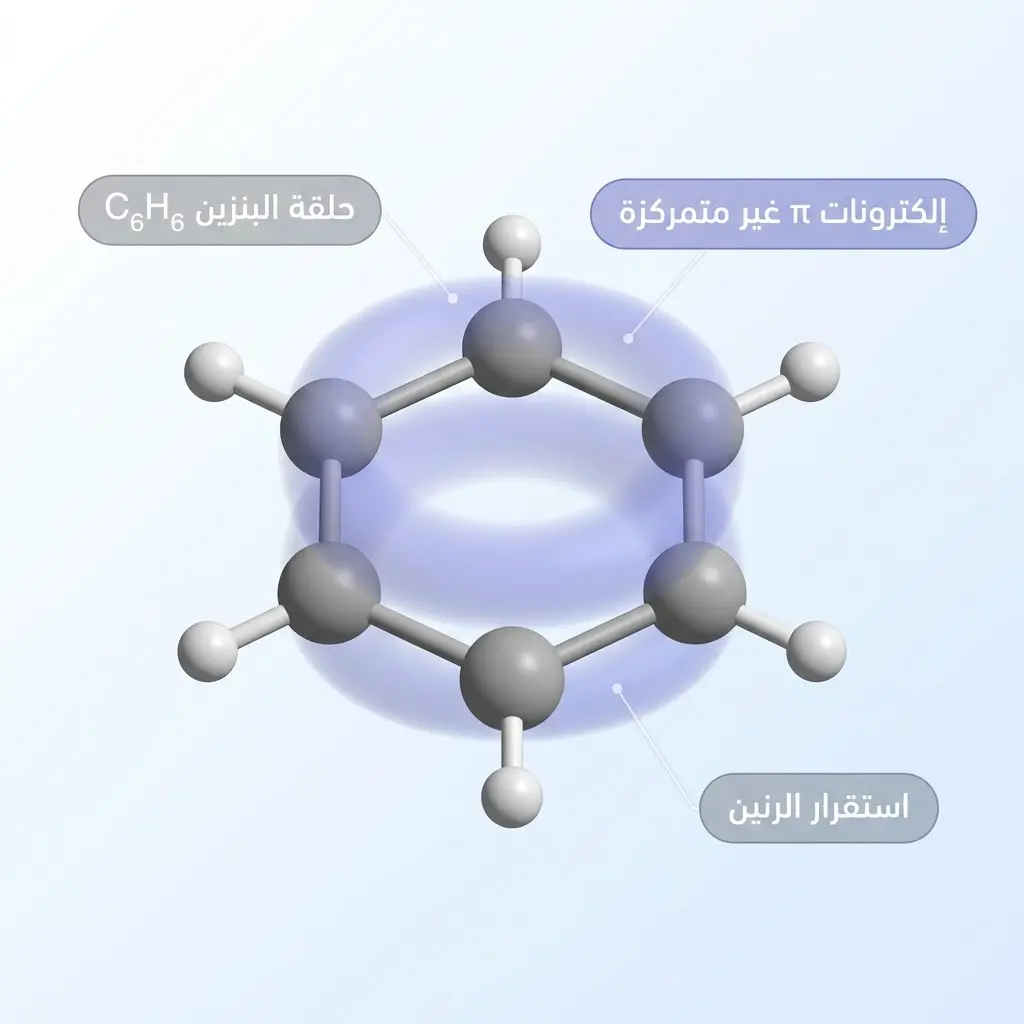 نموذج ثلاثي الأبعاد لحلقة البنزين مع سحابة الإلكترونات باي غير المتمركزة