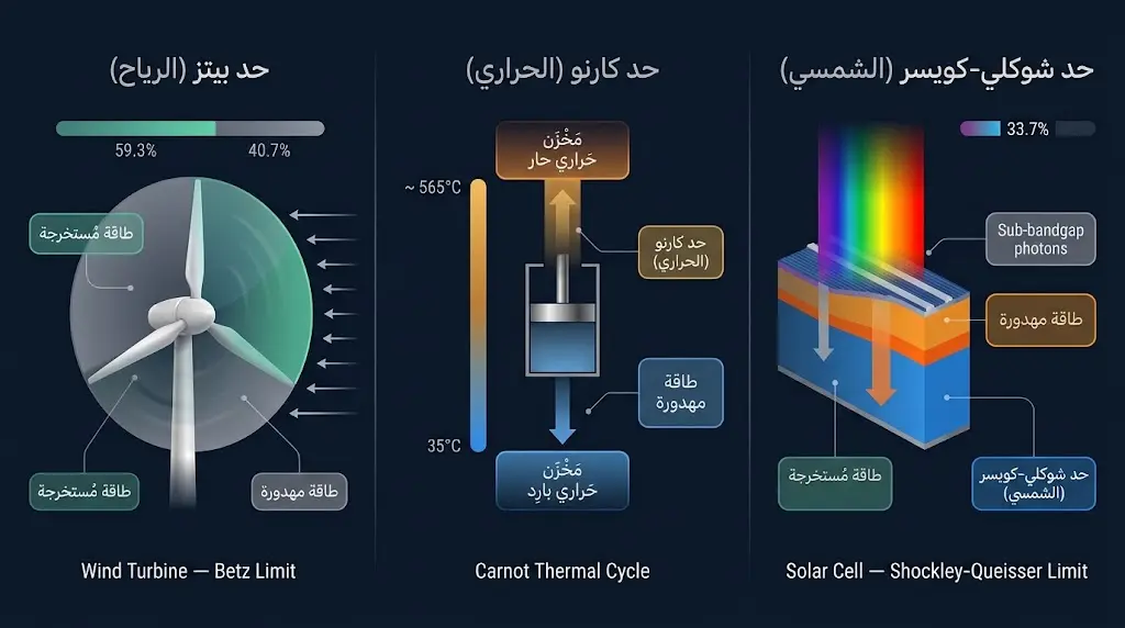 رسم علمي يقارن ثلاثة حدود نظرية لكفاءة تحويل الطاقة: حد بيتز للرياح، وحد كارنو للمحطات الحرارية، وحد شوكلي-كويسر للخلايا الشمسية.