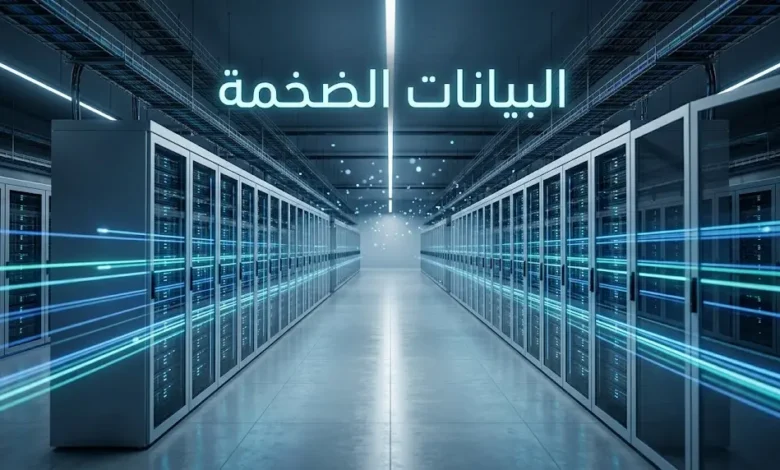مركز بيانات حديث يوضح مفهوم البيانات الضخمة وتدفق المعلومات الرقمية