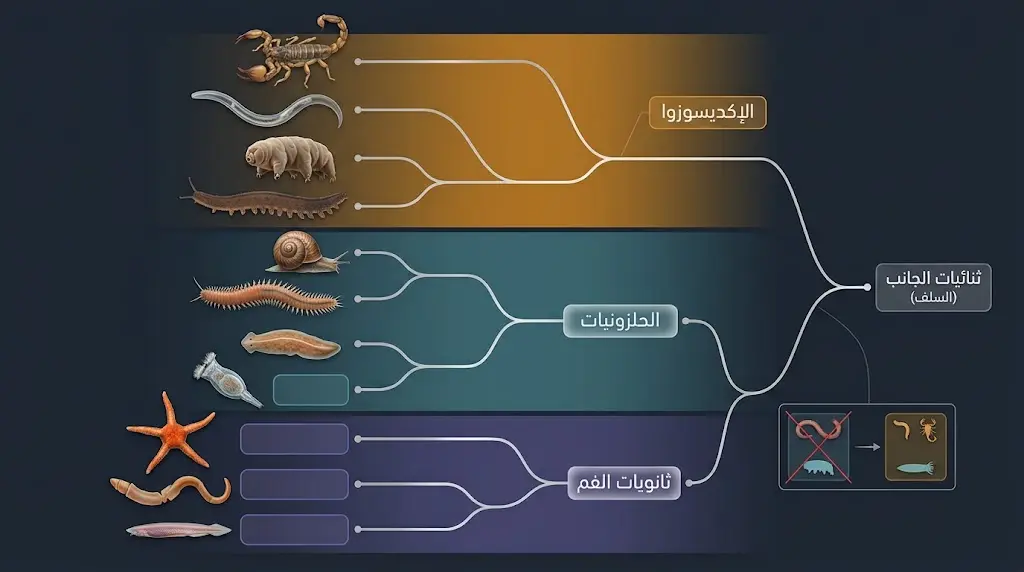 شجرة فيلوجينية جزيئية لثنائيات الجانب تُظهر الفروع الثلاثة الكبرى: الإكديسوزوا والحلزونيات وثانويات الفم مع كائنات نموذجية لكل فرع
