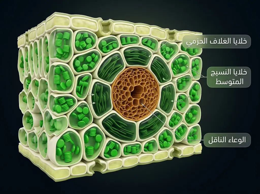 مقطع عرضي لورقة نبات C4 يُظهر تشريح كرانز مع حلقة خلايا الغلاف الحزمي المحيطة بالوعاء الناقل