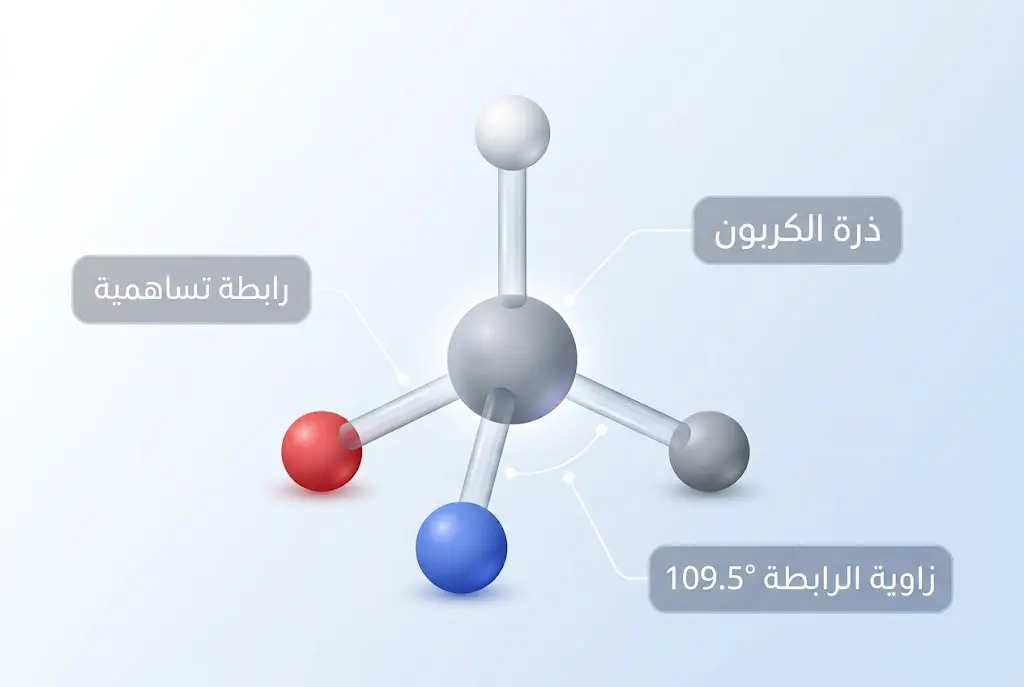 نموذج ثلاثي الأبعاد لذرة الكربون بتهجين sp³ مع أربع روابط تساهمية بزوايا 109.5 درجة