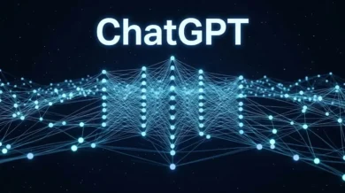 شبكة عصبية ضخمة تمثل بنية نموذج ChatGPT الداخلية بتصميم ثلاثي الأبعاد