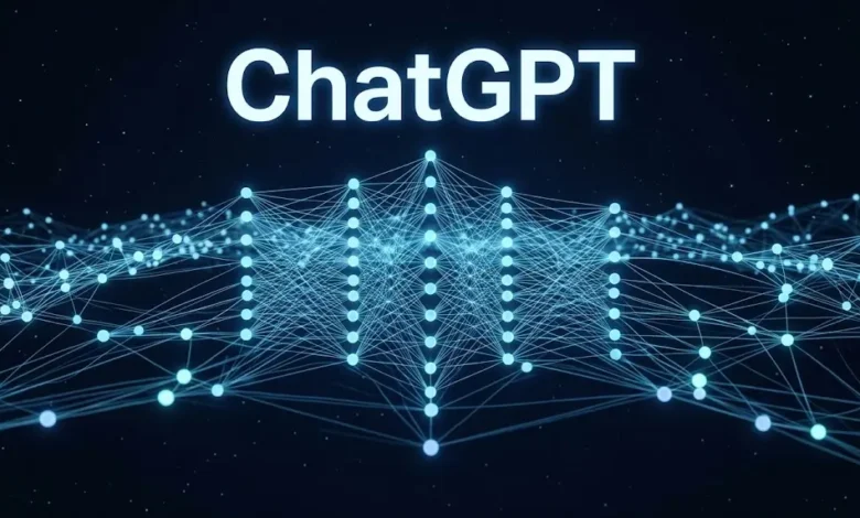 شبكة عصبية ضخمة تمثل بنية نموذج ChatGPT الداخلية بتصميم ثلاثي الأبعاد
