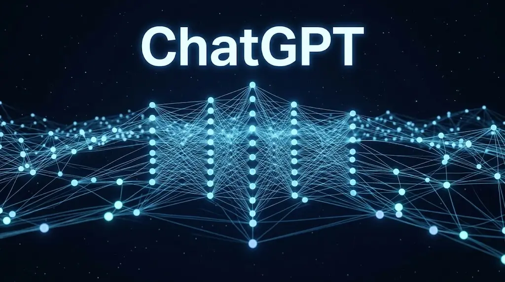 شبكة عصبية ضخمة تمثل بنية نموذج ChatGPT الداخلية بتصميم ثلاثي الأبعاد