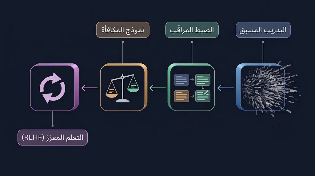 مخطط خطي يوضح مراحل تدريب نموذج ChatGPT من التدريب المسبق حتى التعلم المعزز من التقييم البشري