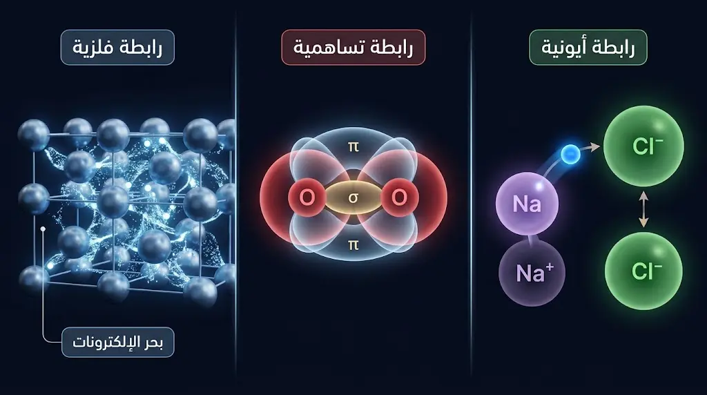 رسم علمي ثلاثي الأبعاد يقارن بين الرابطة الأيونية والرابطة التساهمية والرابطة الفلزية بتمثيل واقعي للمدارات الإلكترونية