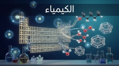 صورة غلاف علمية لمقال عن علم الكيمياء تُظهر جزيئات ثلاثية الأبعاد والجدول الدوري في خلفية فضائية عميقة