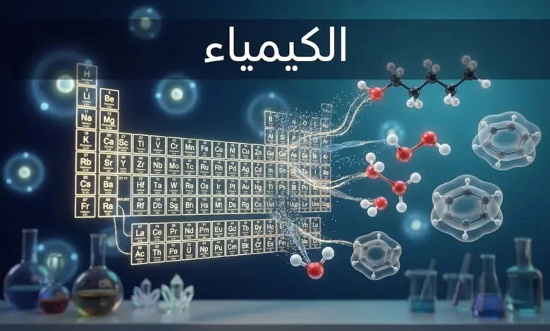 صورة غلاف علمية لمقال عن علم الكيمياء تُظهر جزيئات ثلاثية الأبعاد والجدول الدوري في خلفية فضائية عميقة