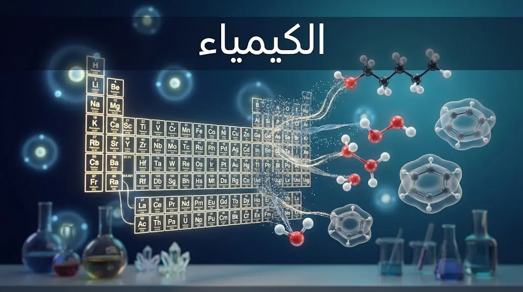 صورة غلاف علمية لمقال عن علم الكيمياء تُظهر جزيئات ثلاثية الأبعاد والجدول الدوري في خلفية فضائية عميقة