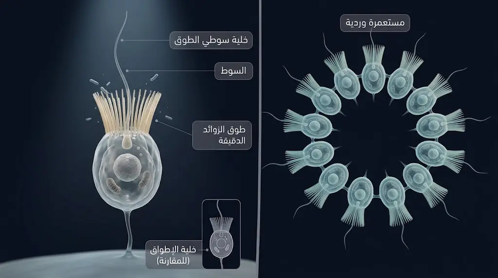 رسم علمي ثلاثي الأبعاد يقارن بين سوطي الطوق الوحيد الخلية ومستعمرته الوردية وخلية الإطواق في الإسفنجية