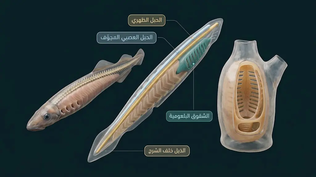 رسم تشريحي مقارن ثلاثي الأبعاد يُظهر الصفات الأربع للحبليات في الغلالية والرميحة والسمكة عديمة الفكوك