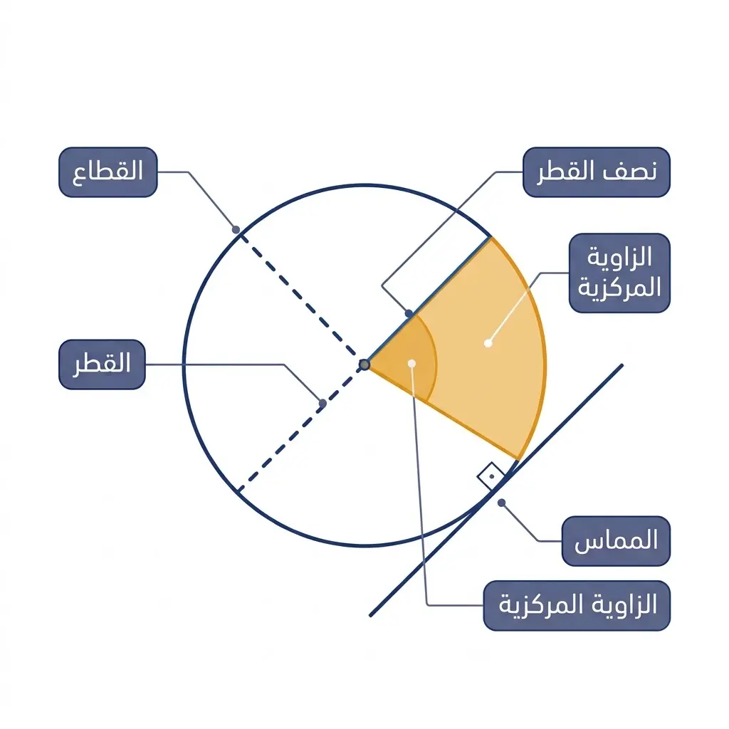 رسم هندسي توضيحي للدائرة يُبيّن نصف القطر والقطر والقطاع والمماس والزاوية المركزية
