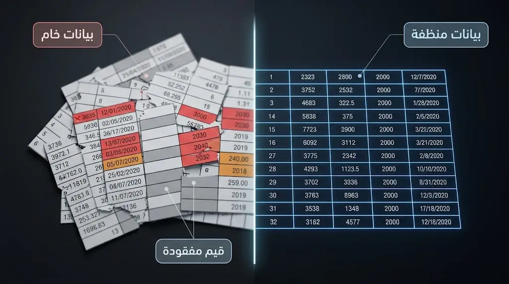 مقارنة بصرية بين البيانات الخام الفوضوية قبل التنظيف والبيانات المنظمة الدقيقة بعده