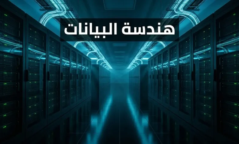 ممر مركز بيانات ضخم تمتد فيه صفوف من الخوادم المضيئة في بيئة سحابية احترافية تعكس مفهوم هندسة البيانات
