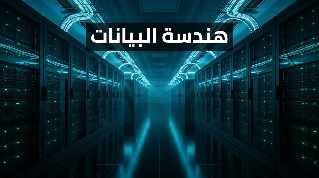 ممر مركز بيانات ضخم تمتد فيه صفوف من الخوادم المضيئة في بيئة سحابية احترافية تعكس مفهوم هندسة البيانات