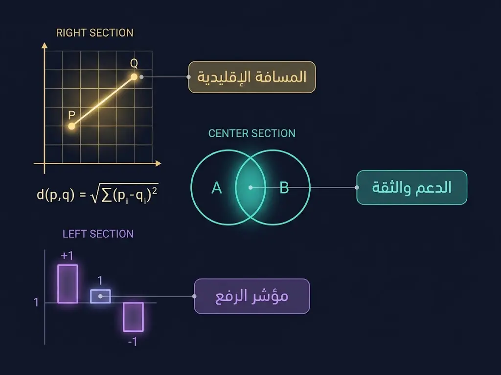 رسم توضيحي علمي دقيق يُجسّد المفاهيم الرياضية الثلاثة الجوهرية في تنقيب البيانات: المسافة الإقليدية ومقياسا الدعم والثقة ومؤشر الرفع