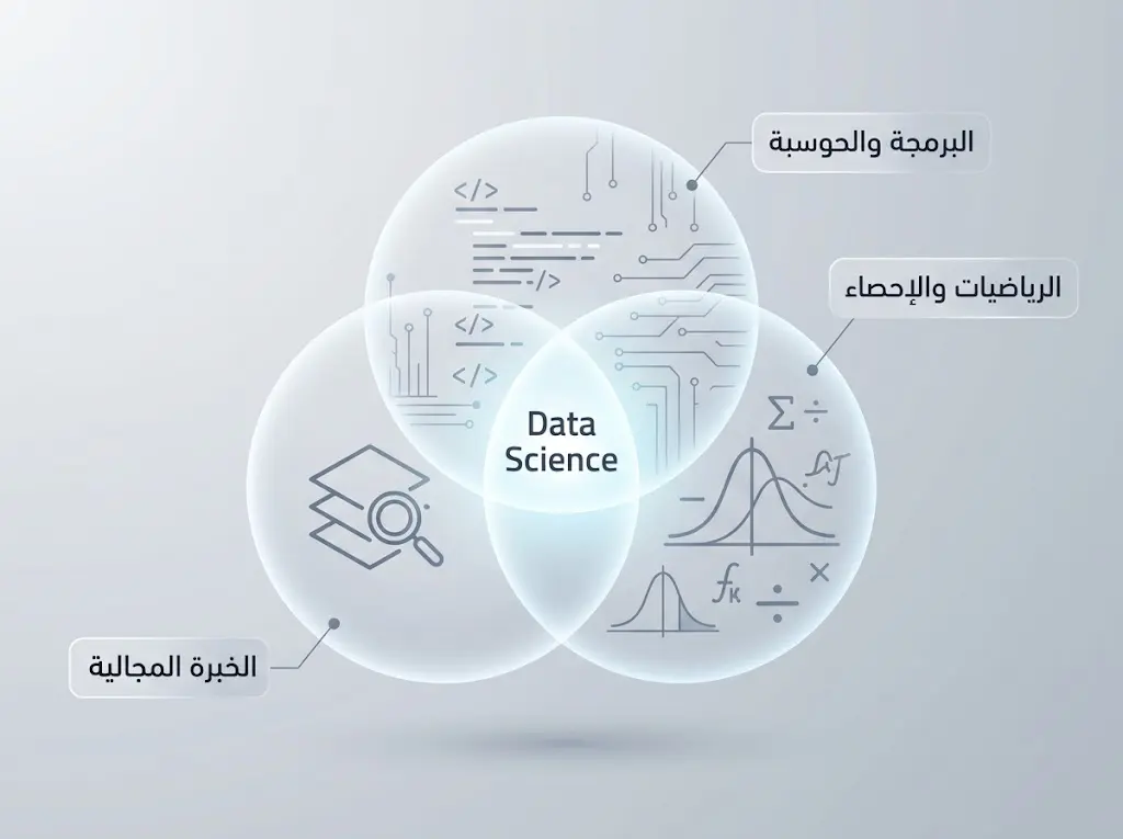 مخطط توضيحي لتقاطع الأركان الثلاثة لعلم البيانات: الرياضيات والبرمجة والخبرة المجالية