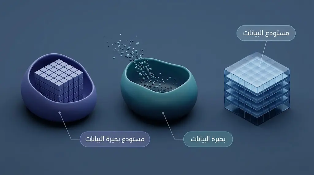 مقارنة ثلاثية الأبعاد بين نماذج تخزين البيانات الثلاثة: مستودع البيانات وبحيرة البيانات ومستودع بحيرة البيانات