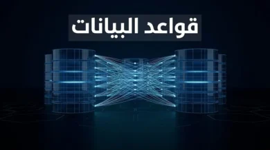 تمثيل ثلاثي الأبعاد واقعي لأبراج قواعد البيانات الرقمية في بيئة شبكية عميقة تحمل اسم "قواعد البيانات".