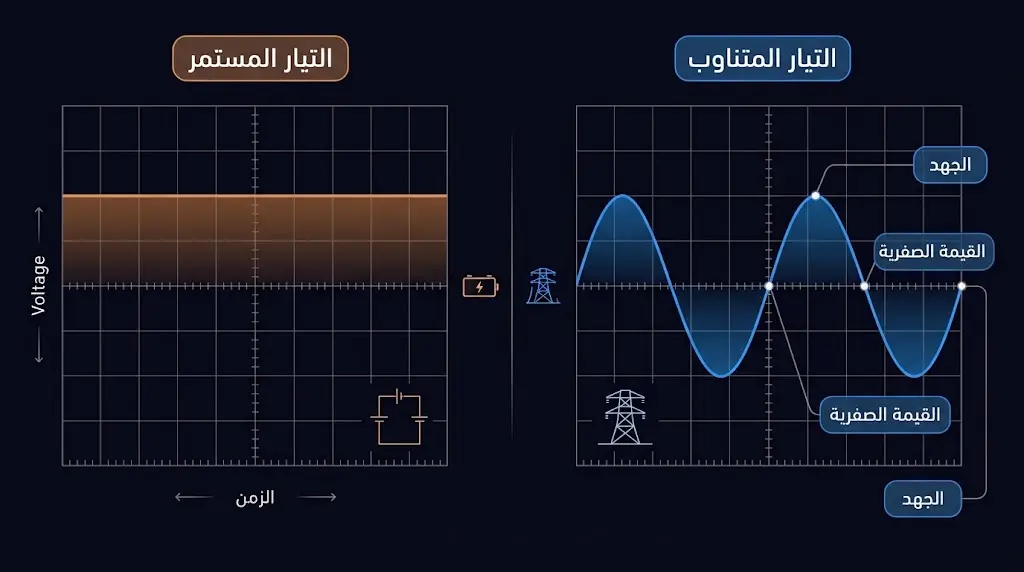 مقارنة بصرية بين شكل موجة التيار المستمر المستقيمة وموجة التيار المتناوب الجيبية على شاشة أوسيلوسكوب