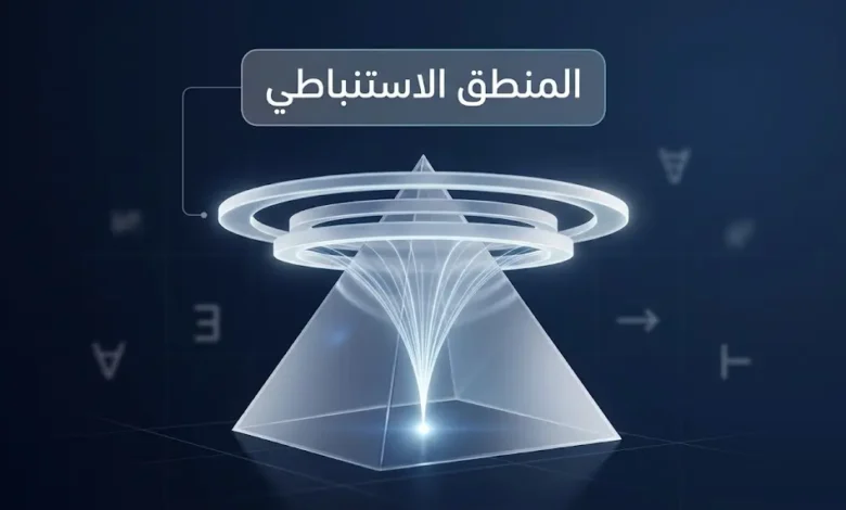 صورة غلاف مقال المنطق الاستنباطي تُظهر هرمًا ضوئيًا يرمز إلى الانتقال من القواعد العامة إلى النتائج الحتمية