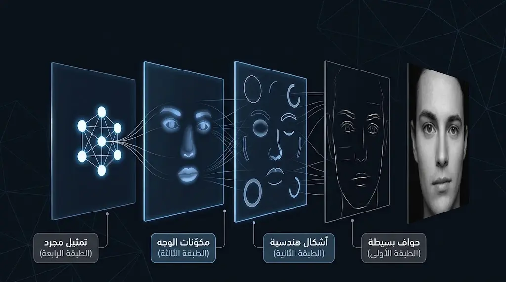 مخطط يوضح التجريد المتدرج عبر طبقات الشبكة العصبية التلافيفية من الحواف البسيطة إلى التمثيل المجرد للوجه