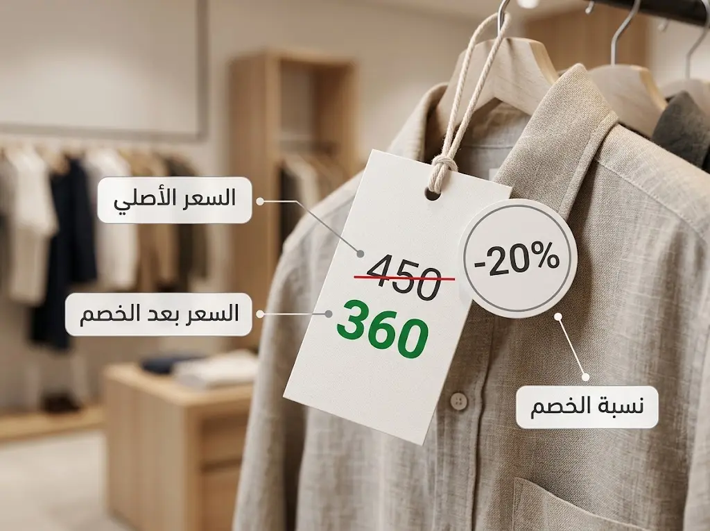 بطاقة سعر توضح حساب الخصم التجاري بنسبة مئوية على منتج