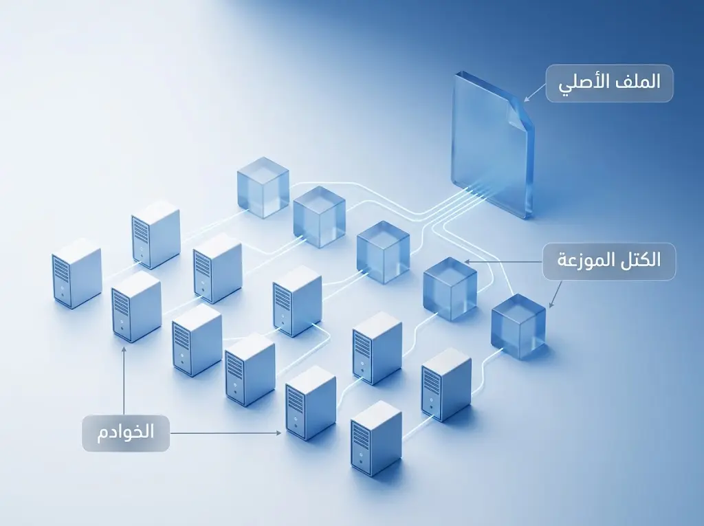 رسم توضيحي لآلية تقسيم الملفات وتوزيعها على خوادم متعددة في نظام HDFS