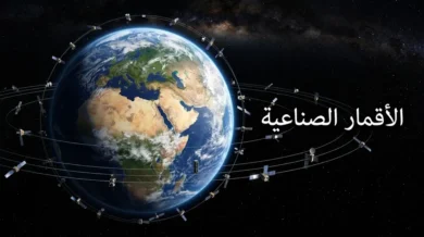 كوكب الأرض محاطاً بشبكة من الأقمار الصناعية في مدارات متعددة، صورة فضائية واقعية.