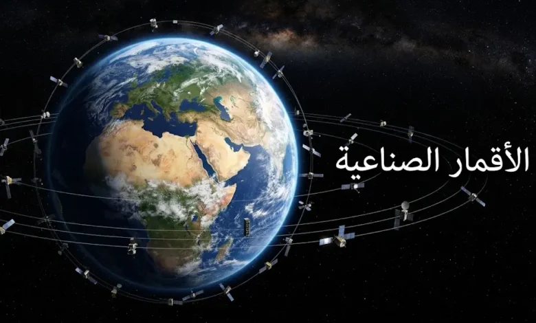 كوكب الأرض محاطاً بشبكة من الأقمار الصناعية في مدارات متعددة، صورة فضائية واقعية.