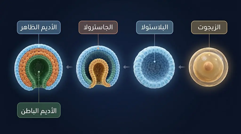رسم ثلاثي الأبعاد يُظهر مراحل التطور الجنيني من الزيجوت إلى الجاسترولا مع الطبقات الجرثومية الثلاث